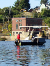 Bathymetric survey being conducted at the edge of the Veazie Dam, Penobscot River