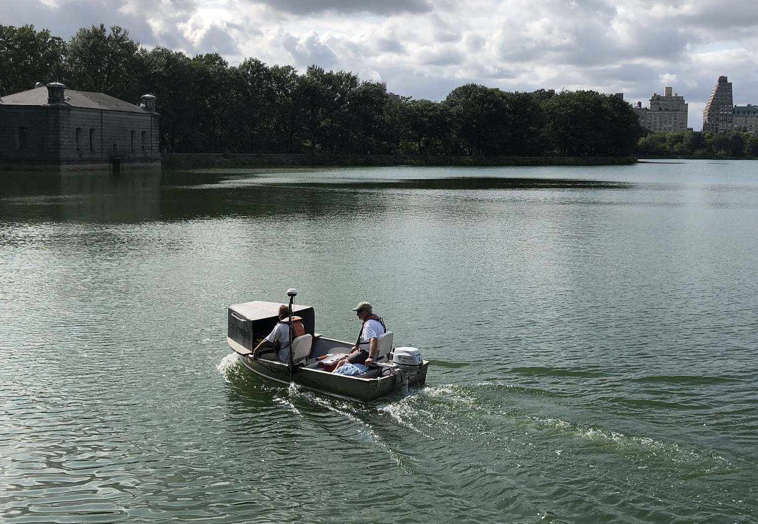 12 ft. skiff designed for shallow water bathymetry, geophysical surveys, sediment sampling, & water quality monitoring. Survey of Central Park Reservoir, NYC.
